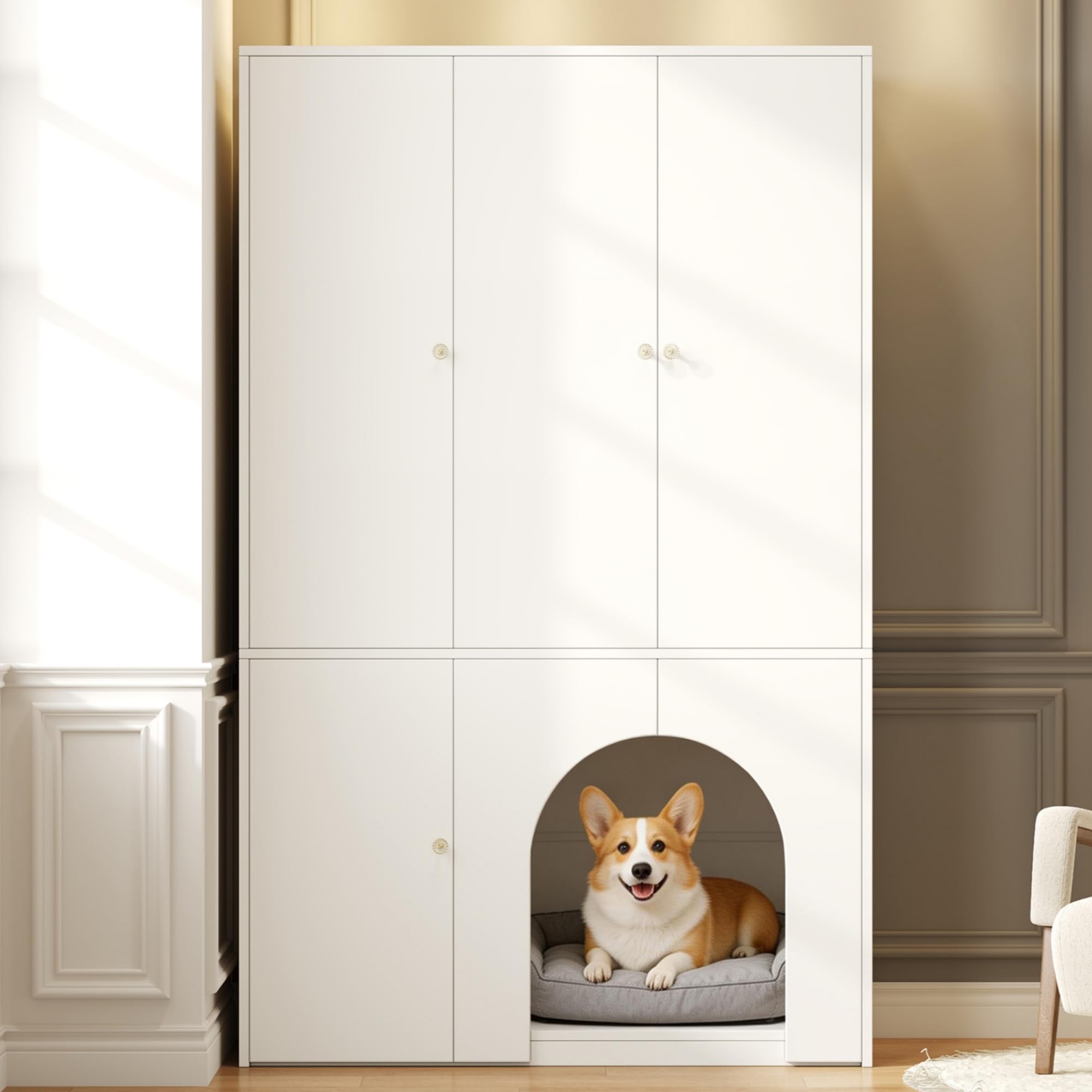 Kleiderschrank Hochschrank Aufbewahrungsschrank Sideboard mit Haustierhöhle, 3-türig, Kleiderstange & Regalböden, für Schlafzimmer Flur, 120x50x200cm Weiß