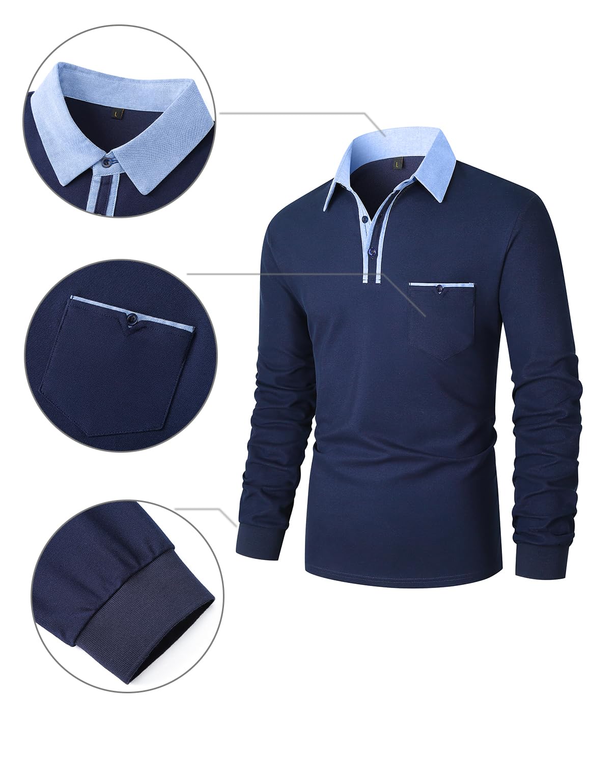 VMSUCIJ Polo Uomo Manica Lunga Cotone con Colletto Bottoni Sportive Base Polo Golf