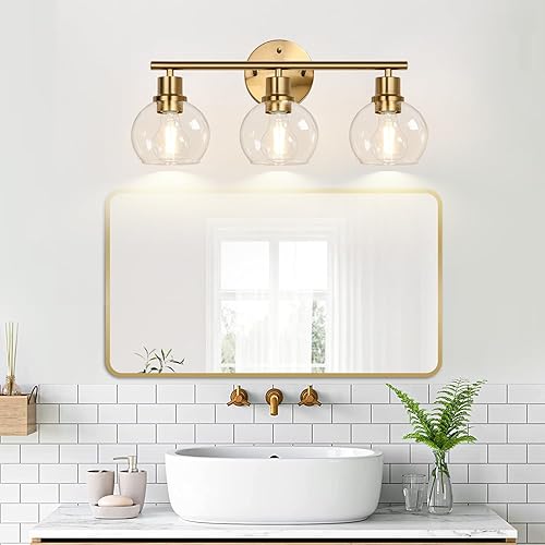Miniatura 7 de Lámparas de baño de 3 luces, luces de tocador modernas de oro cepillado sobre espejo con pantalla de globo de vidrio transparente, apliques de pared