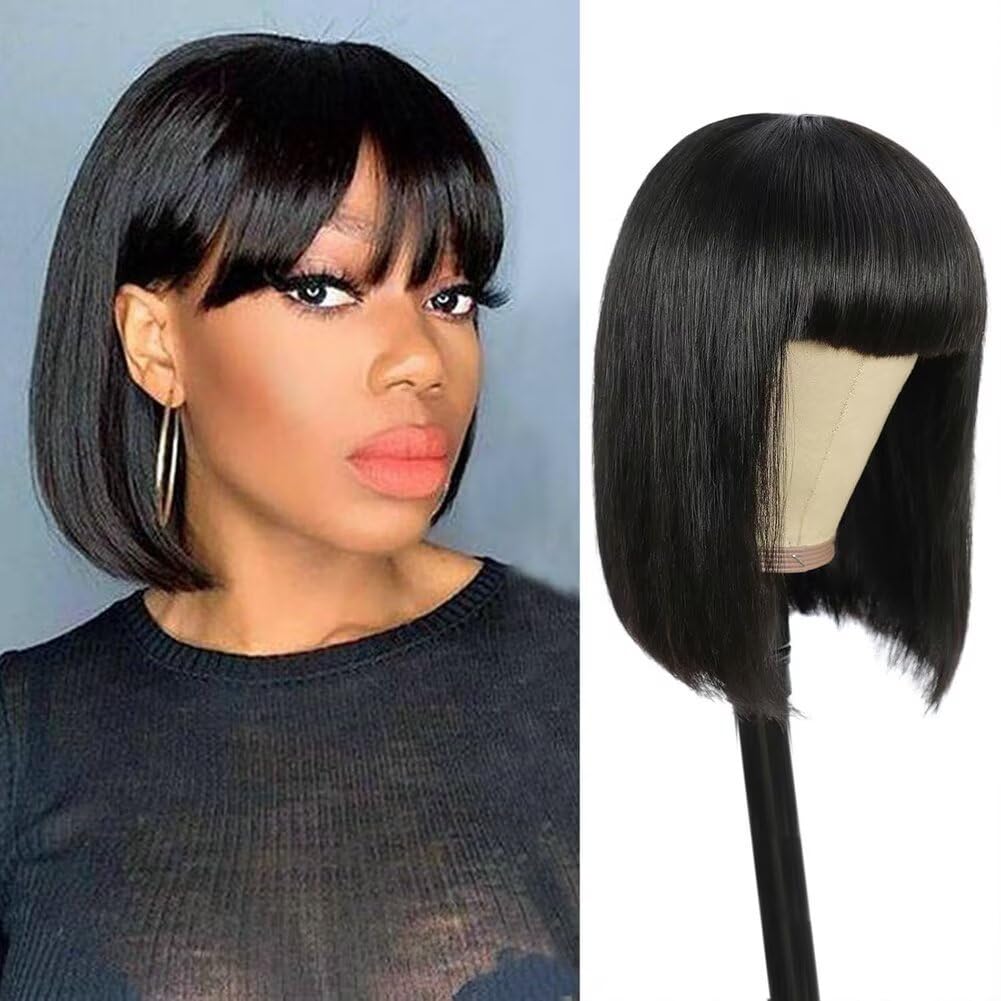 Human Hair Bob Wig 10 inch Short Straight Wigs for Black Women150% Density Short Bob Wigs With Bangs None Lace Front Wig Glueless Brazilian Hair Straight Natural Color