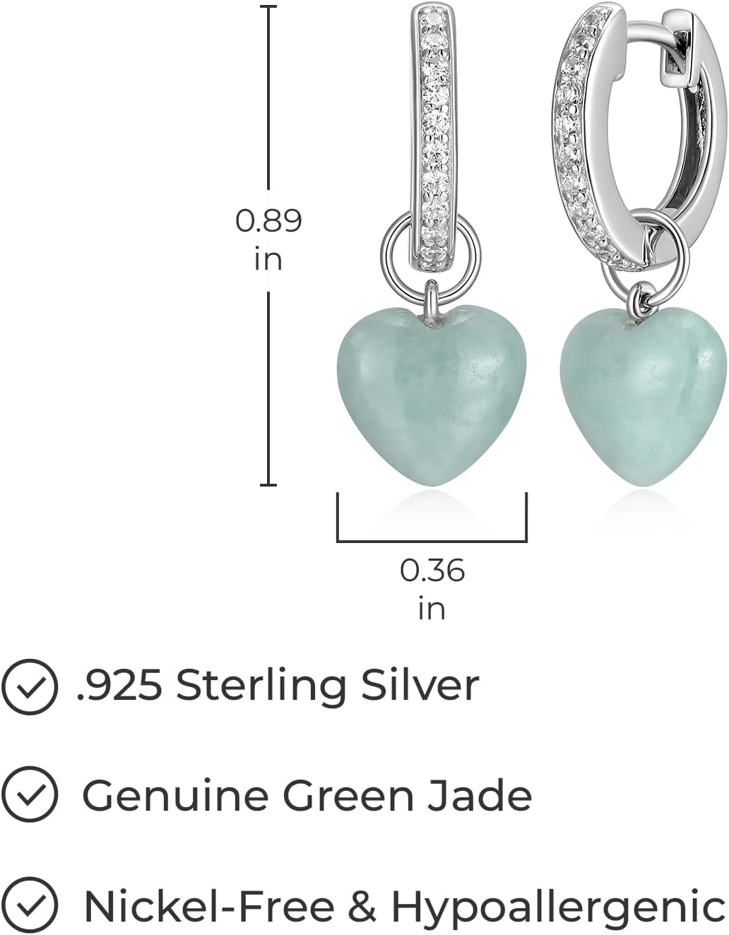 .925 Sterling Silver Rhodium Plated Genuine Green Jade & Cubic Zirconia Heart Dangle Earrings for Women - Sterling Silver Earrings for Women, Comfortable and Secure Fit Jewelry for Her