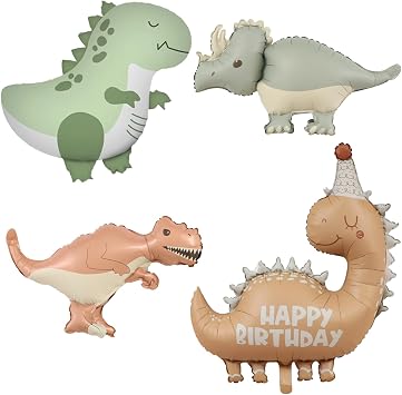 Giant Cute 3D Dino Balloons Set, 4 Pcs Self Standing Foil Mylar Helium Balloons for Outdoor Dinosaur Party Birthday Decor Supplies