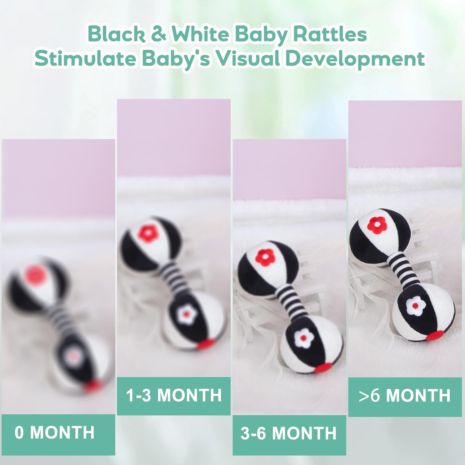 Soft Baby Rattles for 0-6 Months - 2 Pack Infant Developmental Toys with Black & White Contrast Sensory Newborn Toys for Girls & Boys Set (BPA Free)