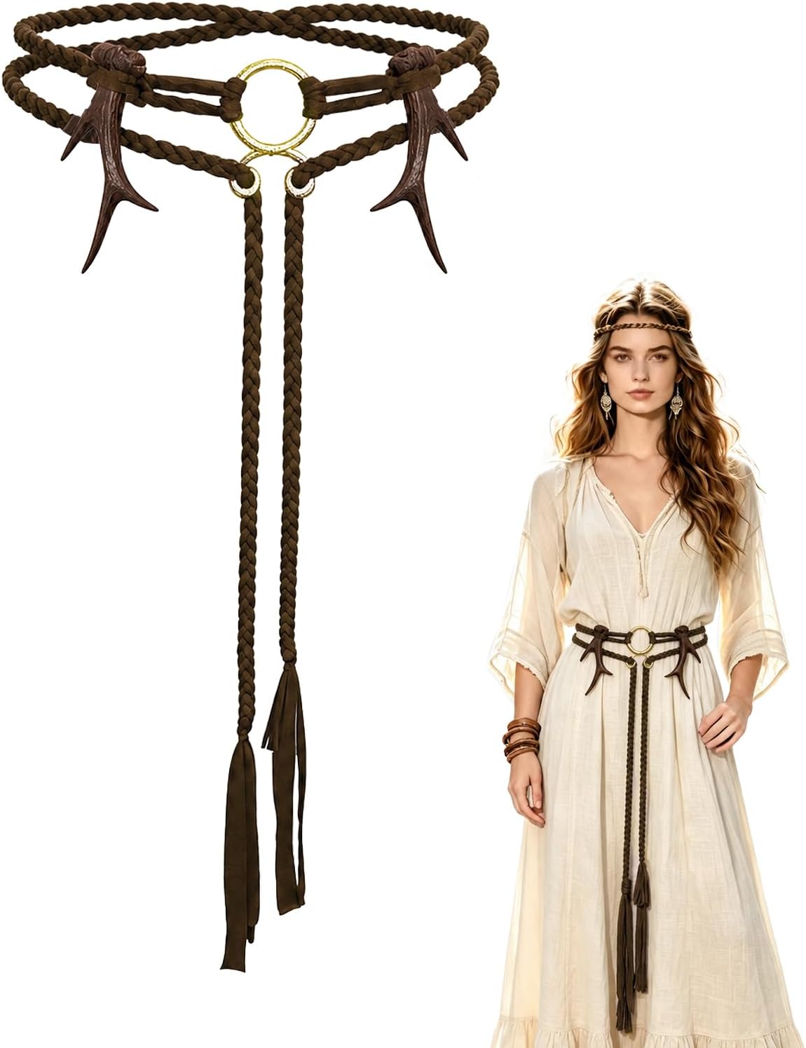 Women Viking Antlers Rope Belt, Norse Medieval Costume Cosplay Accessories