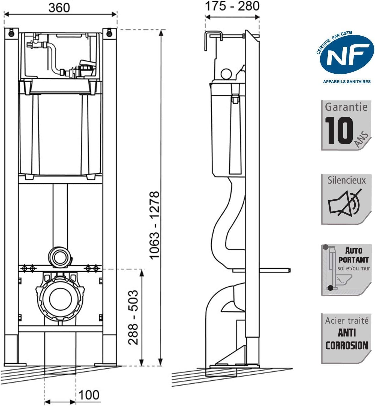Pack Complet WC Sans Bride Bati Autoportant + Cuvette Suspendue Sans Bride + Plaque (Bâti chrono autoportant, Plaque blanche)