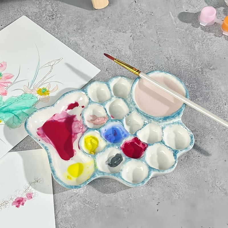 Ceramic Palette with Water Bowl - Blue Artist Palette for Watercolor, Gouache and Other Paints with Built-in Water Bowl for Easy Painting and Cleanup