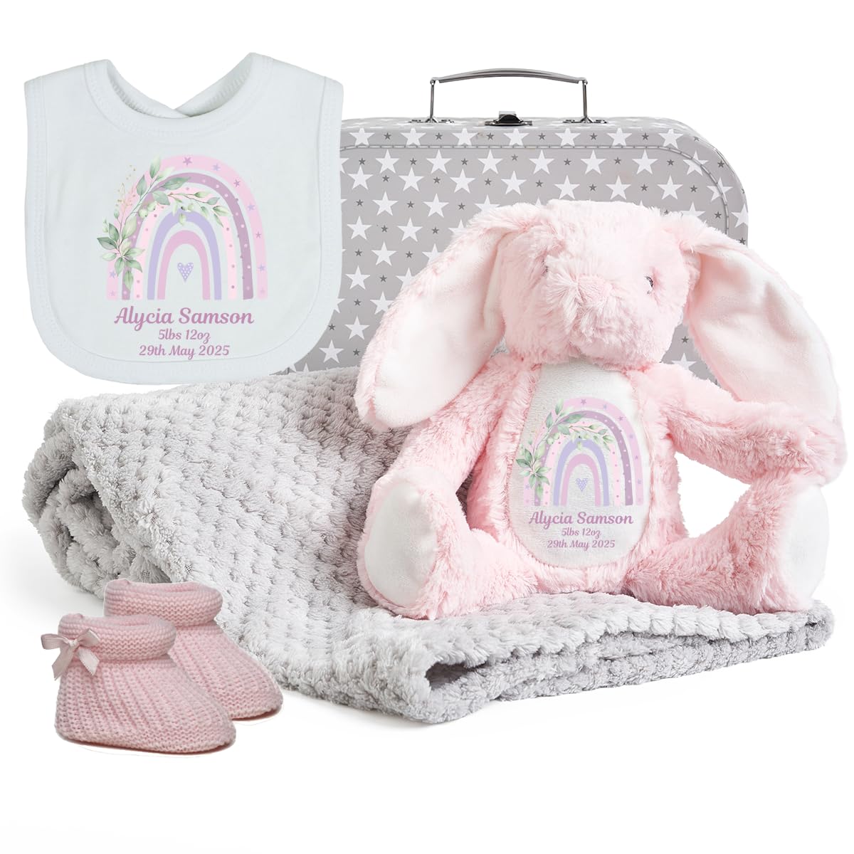 Hoolaroo Personalised Pink Bunny Baby Gift Set Booties, Blanket, Bib, Babies Newborn Gift New Baby Girl Newborn Present Suitcase Box Gifts Keepsake Soft Toy Grey Hamper — image 1