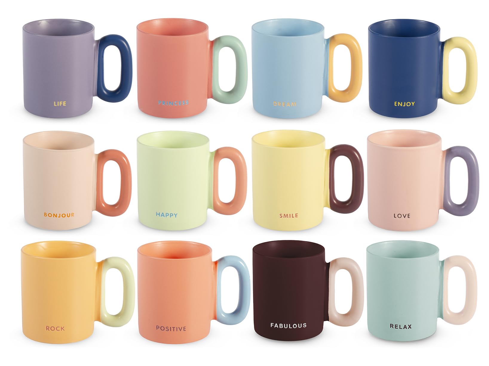 H&H Set 12 Mug Pastel Glow – Tazze New Bone China 360 ml – 12 Colori Pastello con Parole Motivazionali – Lavabili in Lavastoviglie e Uso Microonde – Colori Opachi