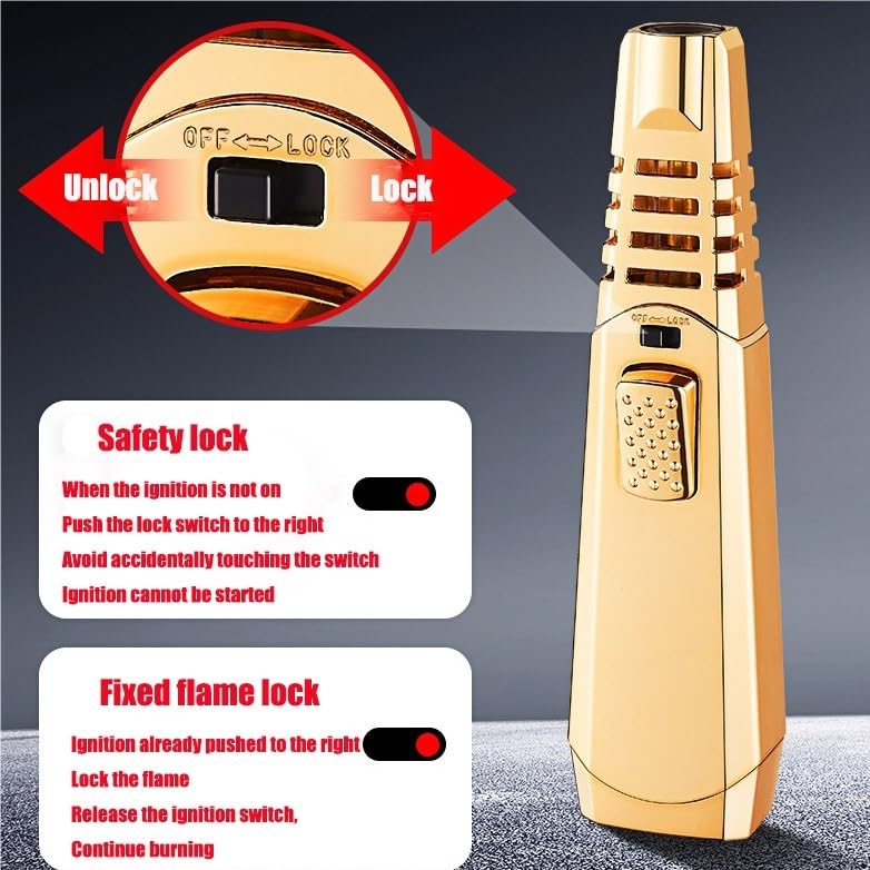 Briquet Torche, coupe-vent à flamme réglable, rechargeable au gaz butane pour cuisine, extérieur, camping, barbecue – Verrou de sécurité inclus
