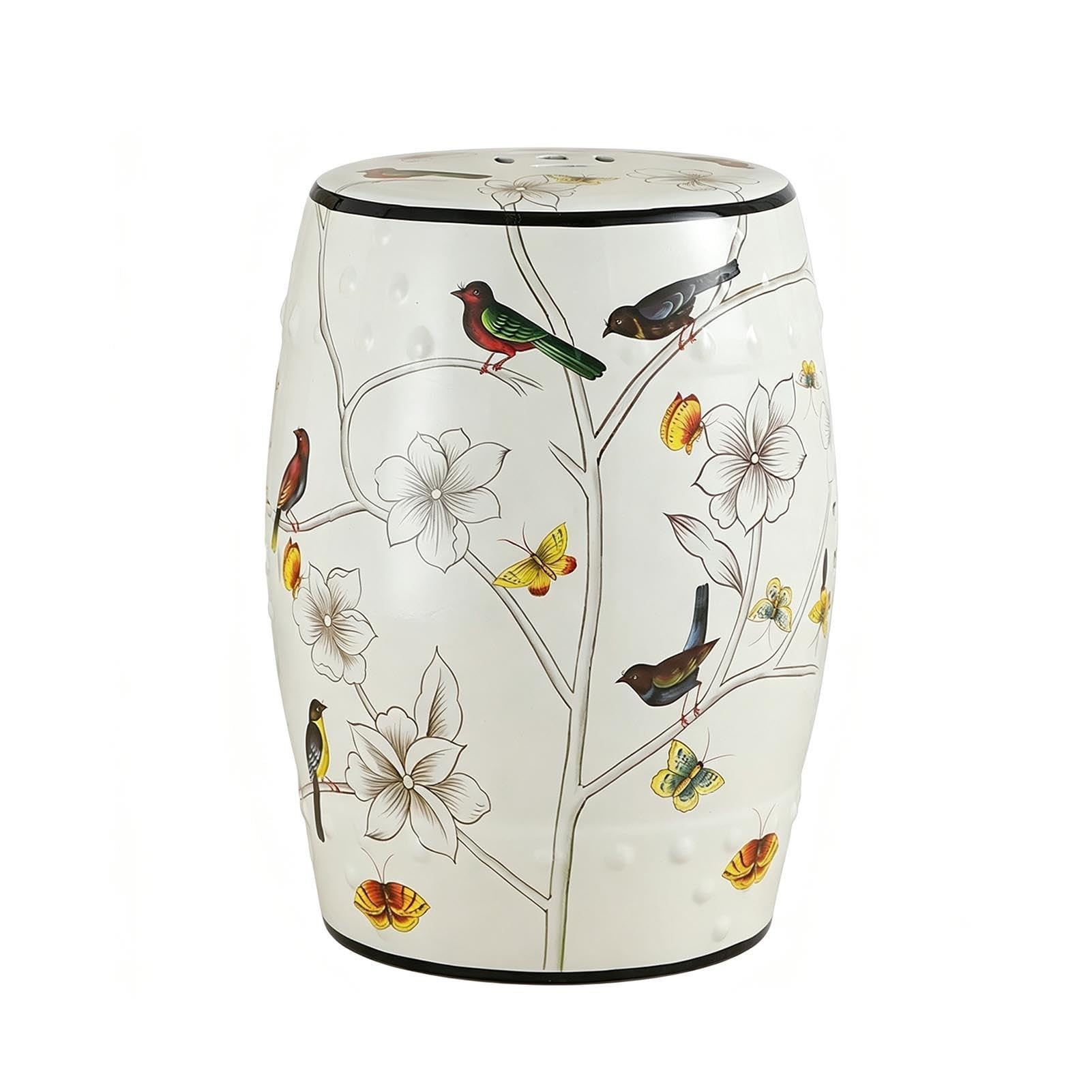Stołek Ogrodowy Z Bębnem Ceramicznym, Ręcznie Malowany Kwiatowy Ptak, Tradycyjna Chinoiserie Do Użytku Wewnątrz/na Zewnątrz, Odporna Na Zalanie Glazura Do Salonu, Ogrodu, Balkonu(White)
