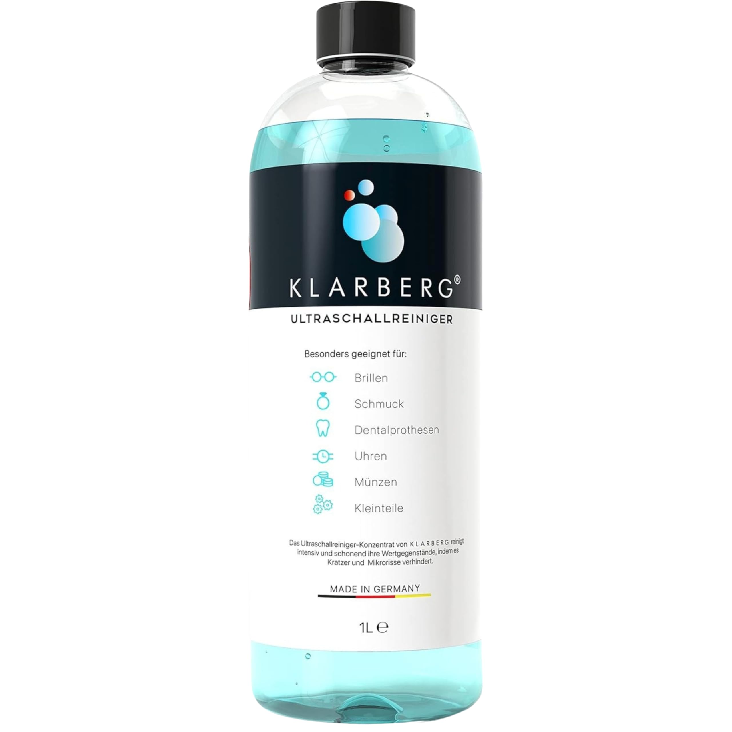 KLARBERG® 1L Ultraschallreiniger Konzentrat I Reinigung von Brillen, Schmuck, Zahnersatz, Uhren im Ultraschallbad I Mit jedem Ultraschallreinigungsgerät nutzbar