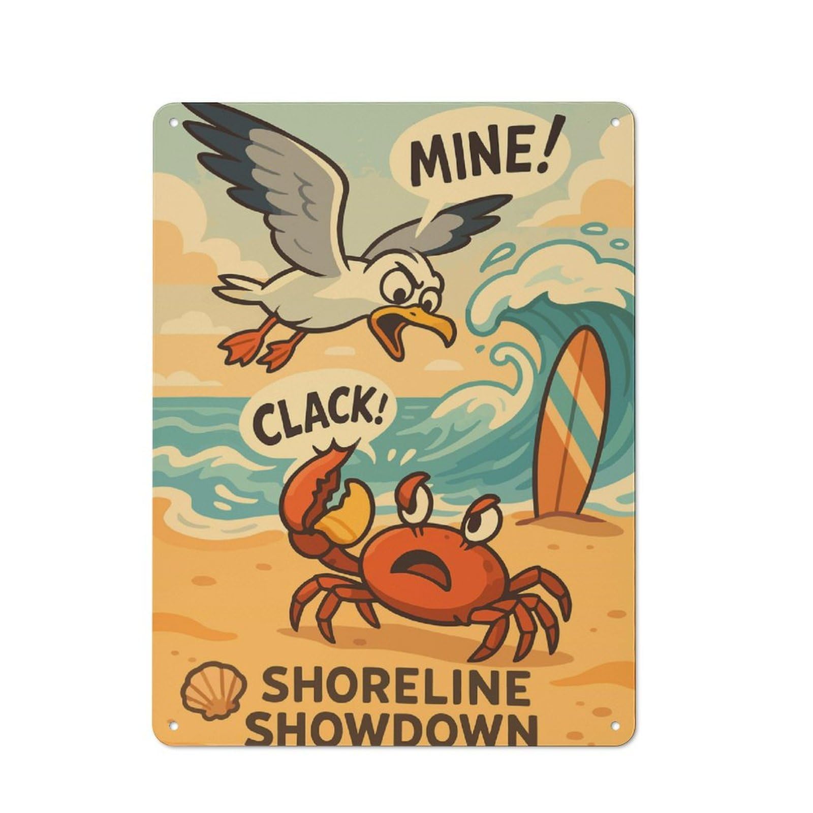 Junmoney Shoreline Showdown Crab Vs. Seagull Decorative Metal Sign 40X30cm, Creative Studio Wall Plaque For Hobby Room, Office, Lounge Or Living Room