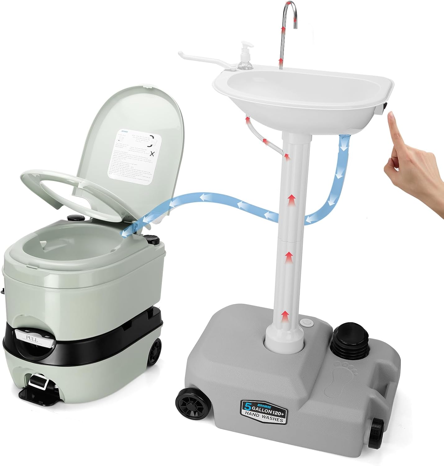 Kohree Portable Sink and Toilet Combo, 5 Gal Camping Sink Hand Washing Station with Electric Pump & 6.34 Gal Camping Toilet, Detachable Wastewater Recycled, Perfect for Outdoor Camping Travel Boat