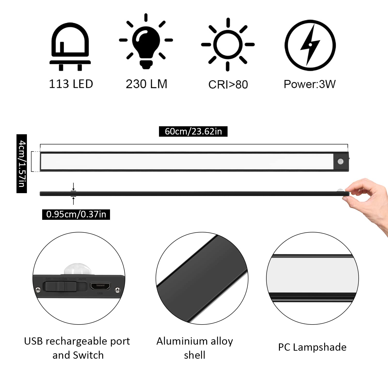 Klighten 2 Pezzi 60cm Luce Led Sottopensile Cucina Ricaricabile, Luce Armadio con Sensore di Movimento, 113 LEDs, 3 Modalità, 3200mAh, Led Armadio Magnetica, Bianco caldo 3000K, Noir
