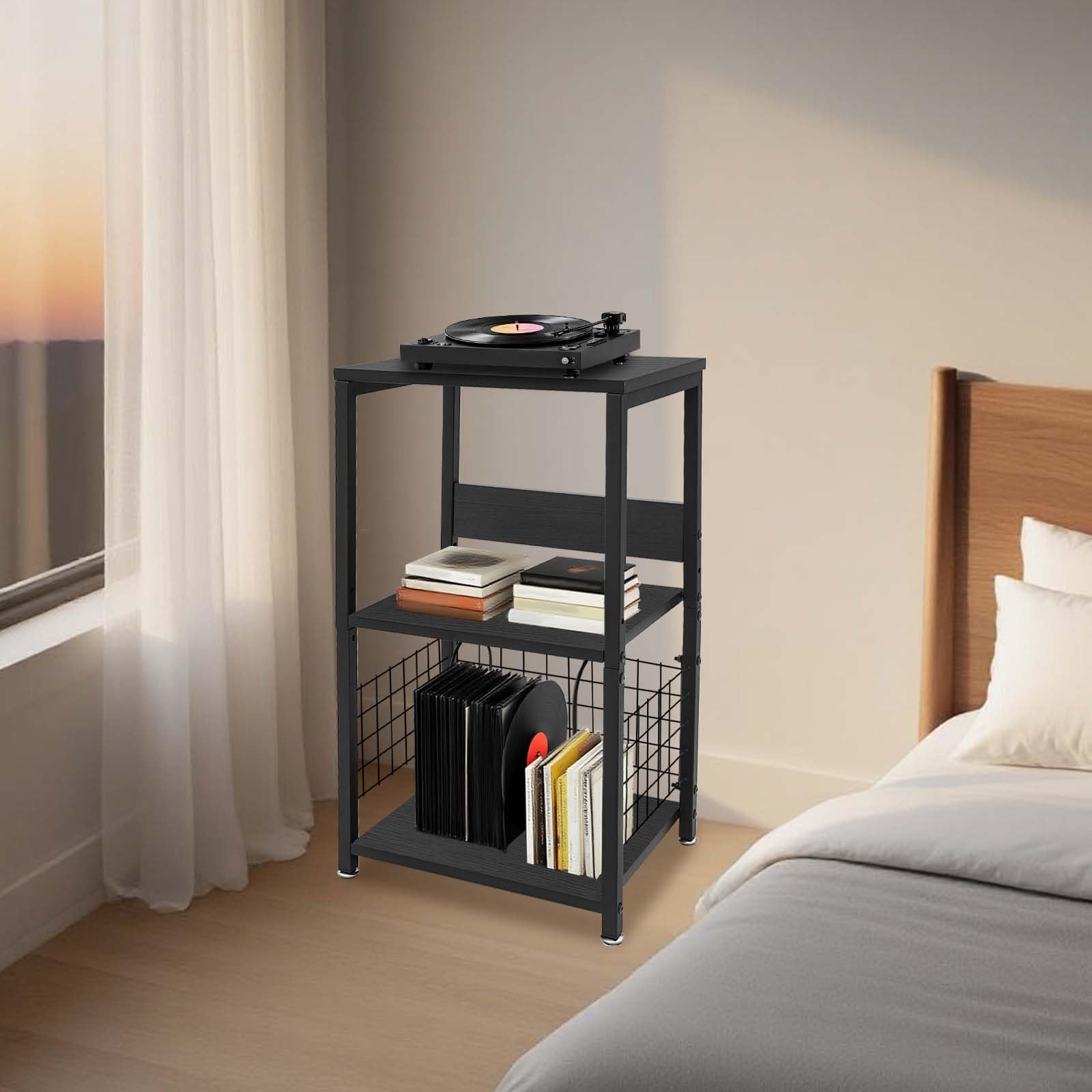 Mobile Vinile Stoccaggio a 3 livelli Ripiano Giradischi carico 45kg Struttura Ferro MDF Stabile Separatori Porta dischi Rimovibili Tavolo di Supplemento per Soggiorno Camera Ufficio
