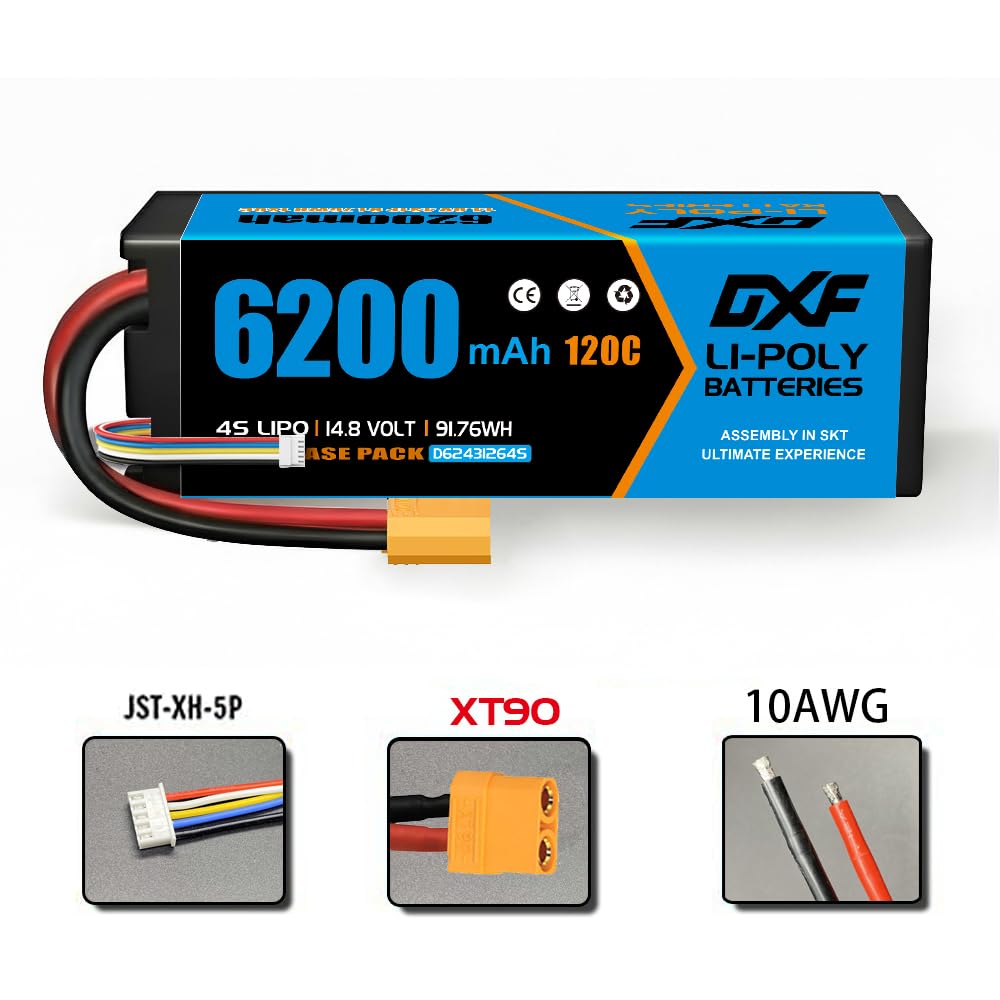 DXF Lot de 2 batteries LiPo 4S 14,8 V 6200 mAh 120C avec prise XT90 pour voiture RC 1:8 1:10 RC voiture buggy camion course hors route moteur sans balais modélisme haute performance crawler bashing
