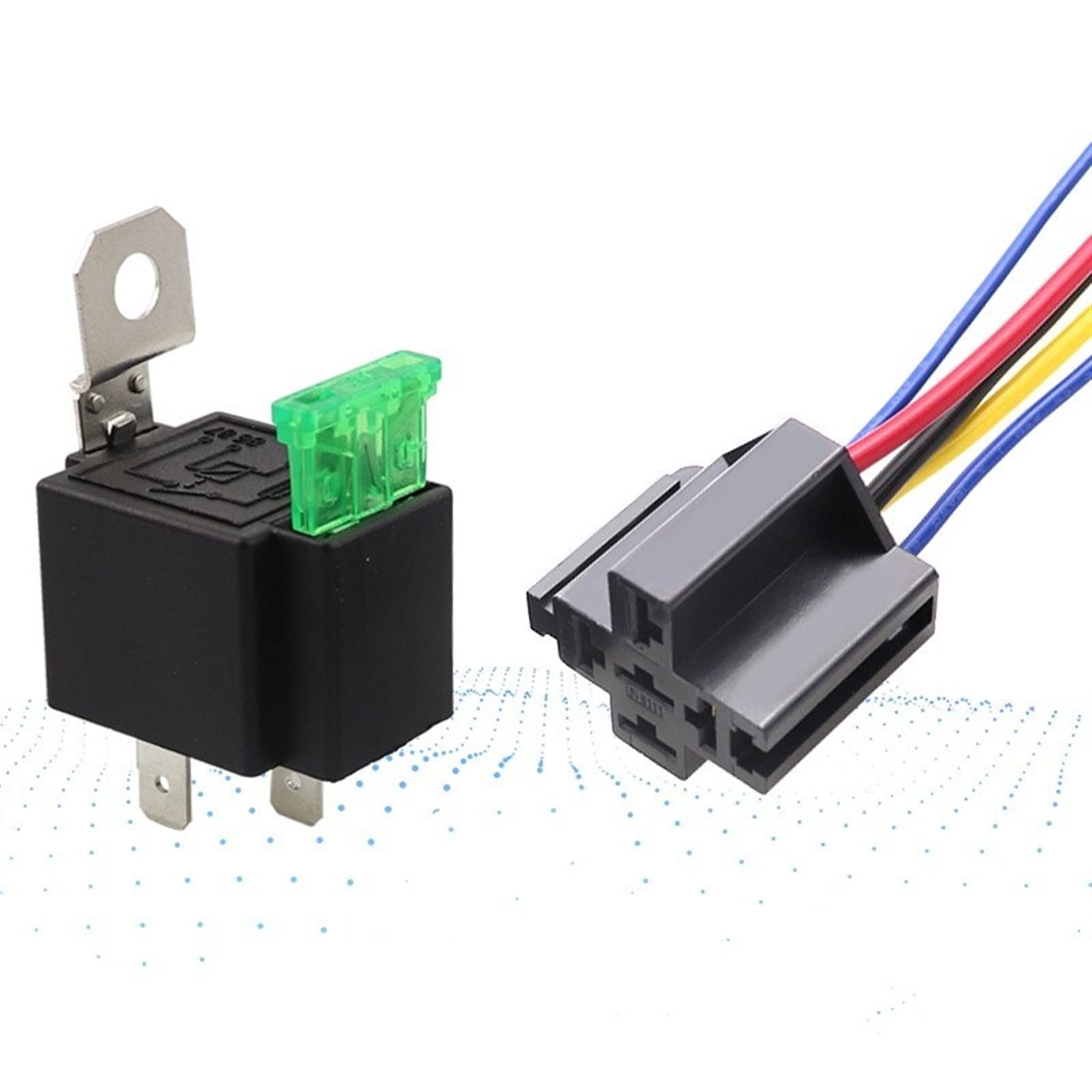 AQHYEBNSR 30A DC12V Pre Wired 4 Pin Relay Mounting Base Auto Socket Holder with 2pcs Medium Fuse
