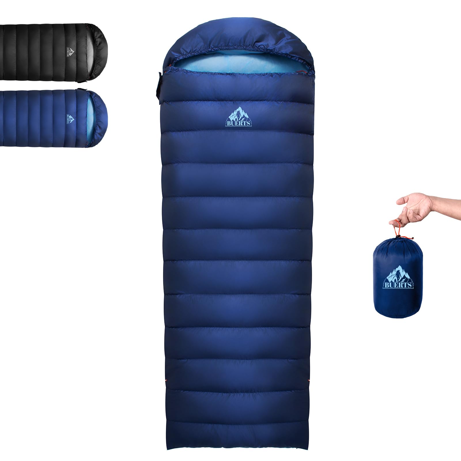 BUERTS Ultralight Down Sleeping Bag,Lightweight Portable 3-4 Season Single Sleeping Bag for Adults Hiking,Car Camping,Backpacking&Festival Use-680FP Down. (Blue 15℃ to 7℃)