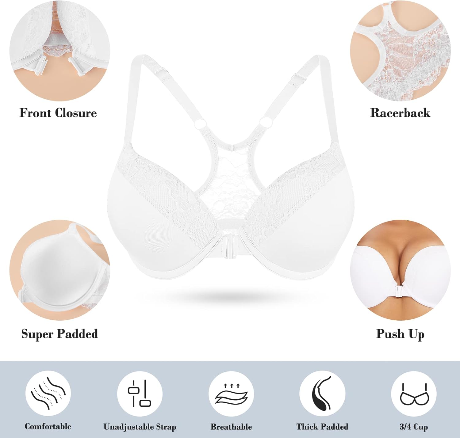 Front Closure Racerback Push Up Bra Super Padded Add 2 Cup Lace Underwire Lift Up Bras - Image 7