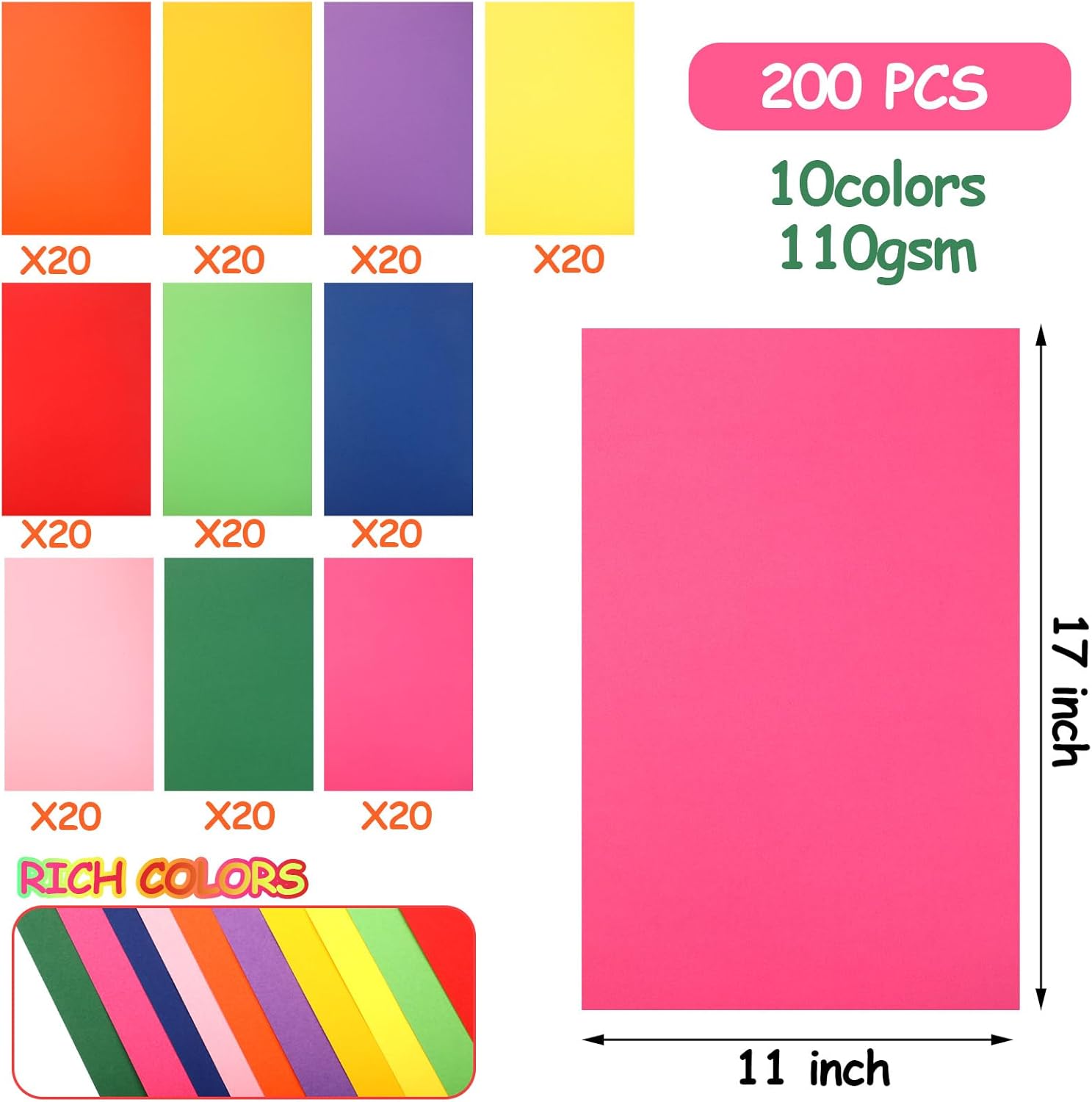 gueevin 200 sheets colored cardstock paper 10 assorted valentine colorful double sided printed paper construction card stock for scrapbook party diy art project card making crafting supplies(11 x 17")
