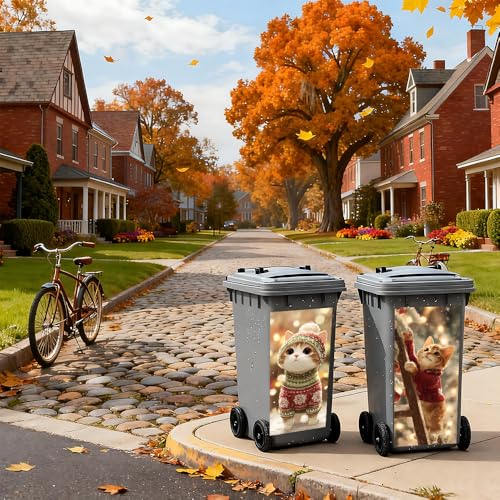 Image of 2 PC Trash Can Sticker 14.57 x 32.28 Inch Christmas Cat Sweater Design Vinyl Sticker with Santa Hat Ladder Tree and Light Pattern for Outdoor Garbage Bin Garden Yard Driveway Home Holiday Decor