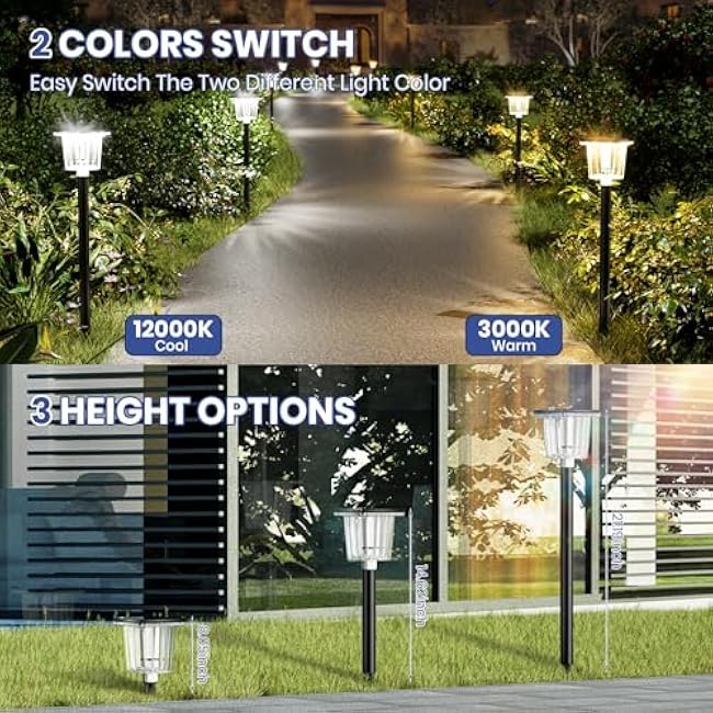 HIGH-Power Cold&Warm,3000/12000K 2-in-1 Solar Pathway Lights Outdoor,2 Pack Super Bright IP65 Waterproof,Up to 28 Hrs for Yard,Patio,Landscape,Sidewalk,Driveway,Lawn
