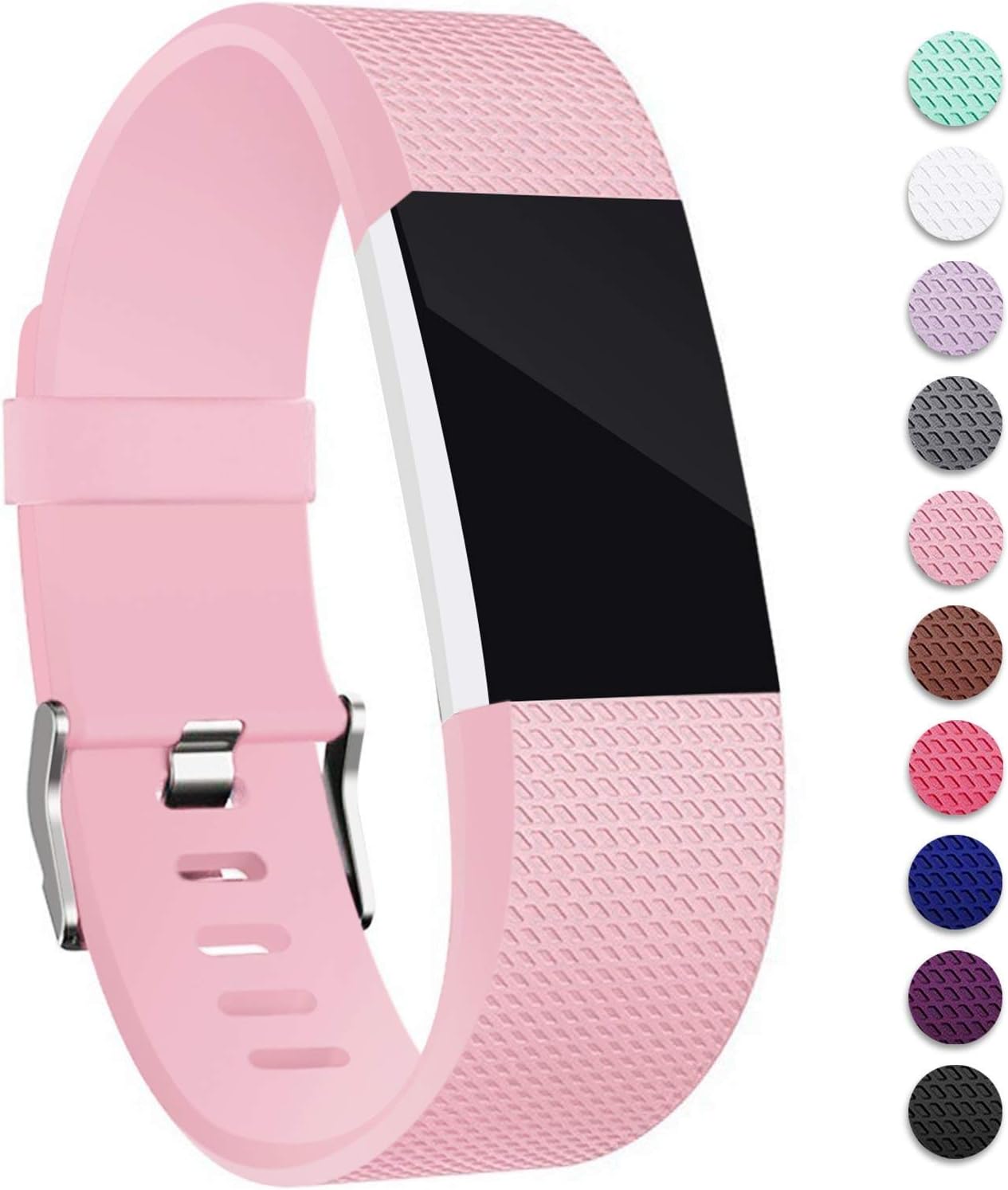 Mornex Strap Compatible Fitbit Charge 2, Classic Adjustable Wristband Replacement, TPU Band Sport Straps with Metal Clasp, Large Pink
