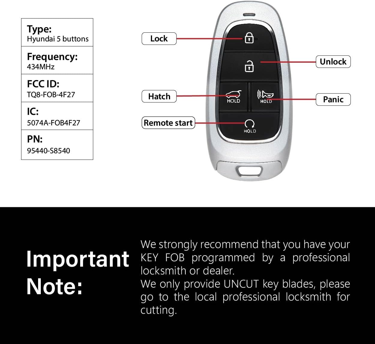 Replacement for 2022 2023 2024 Hyundai Palisade Key Fob Remote Control TQ8-FOB-4F27 5 Buttons 434MHz