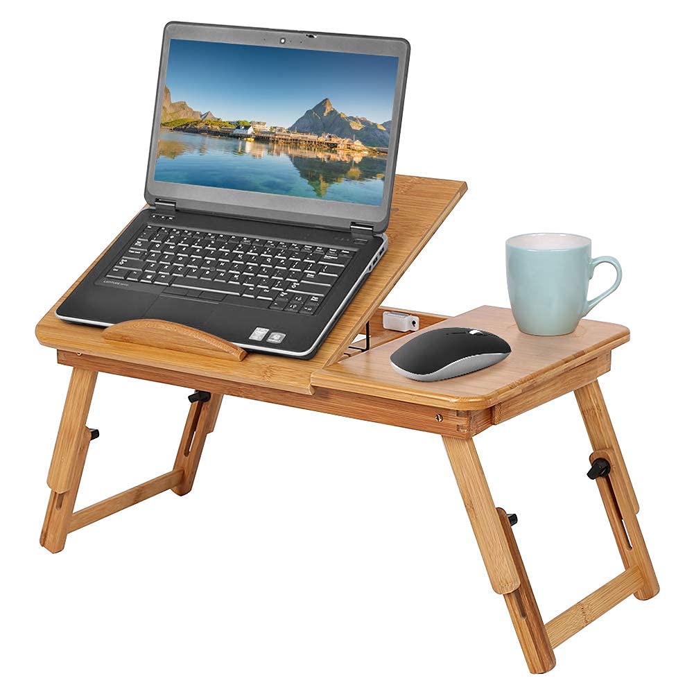 Ejoyous Brown Bamboo Laptop Table Adjustable Height Foldable Stand With Drawer Ventilation Slots Breakfast Tray For Bed