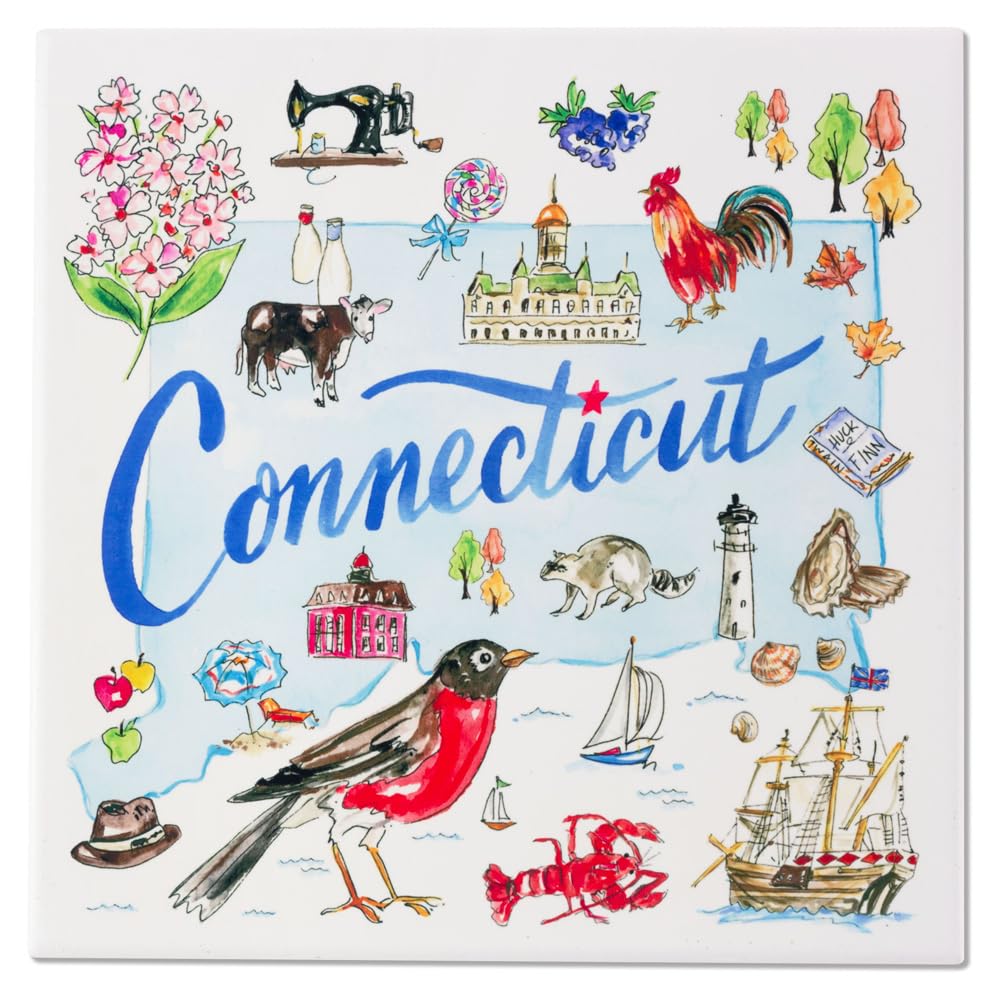 Boston International Ceramic Trivet Rosanne Beck State Collection Non-Slip Hot Pads for Counters and Tables, 8 x 8 Inches, Connecticut