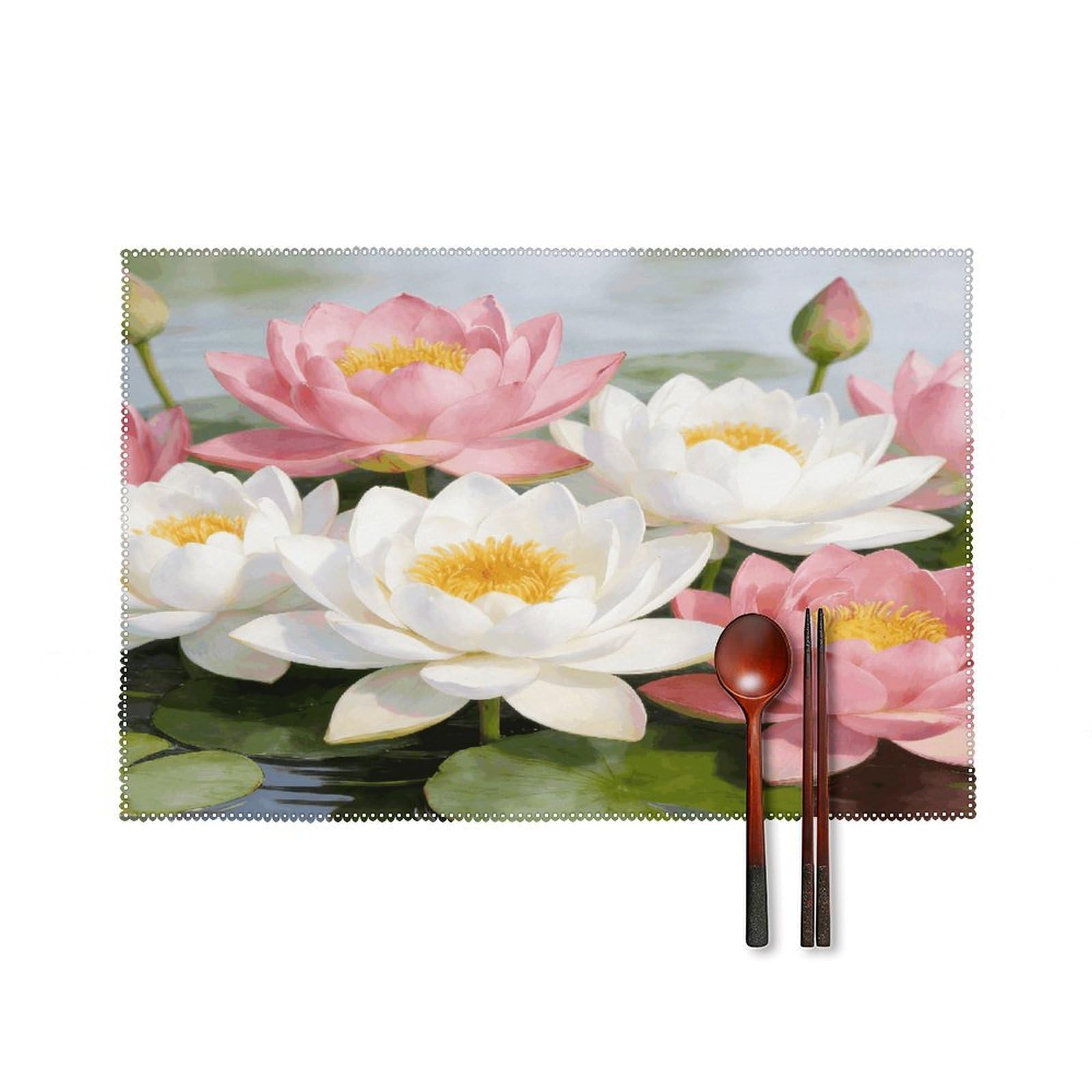 Khauerbc Style Clear Pond Lotus Rhythms Placemats Set Of 6,Decorating The Dining Table，Canvas Washable Table Mats，Wipe Clean Anti Slip Dining Table Place Mats For Party Kitchen Dining Decoration