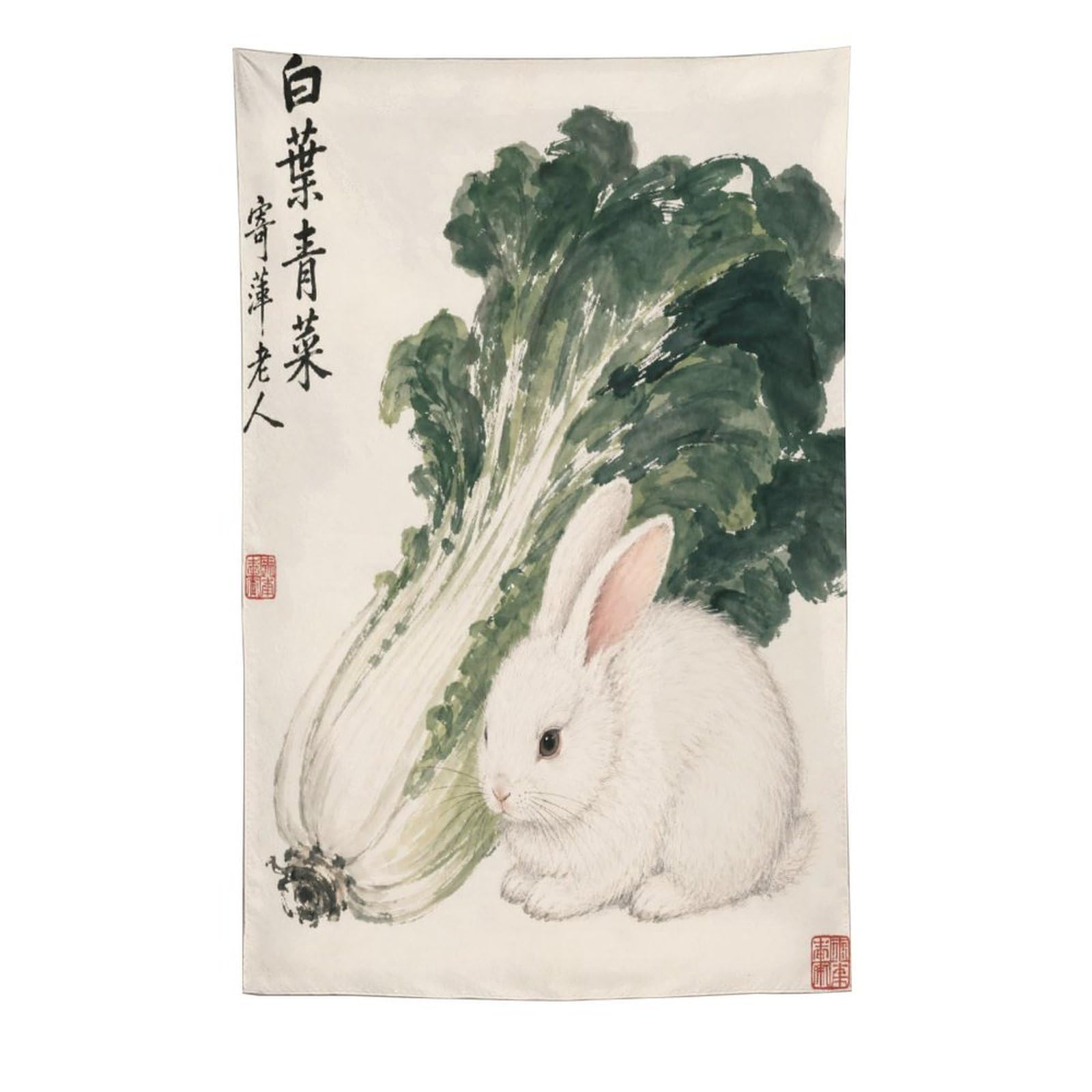 H3B8U2Y5 White Rabbit with Bok Choy Wall Tapestry, Asian Ink, Sofa Area