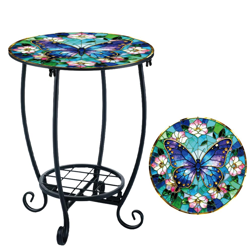 DOODLREAM Outdoor Metal Side Table 34cm W x 43cm H Small Round Patio Table Printed with Butterfly Pattern for Balcony,Terrace,Garden