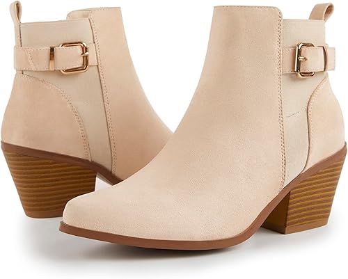 TINSTREE Botines de punta para mujer, con botones y hebilla, para decoración de tacón grueso apilado, botines de moda con cremallera lateral, piel