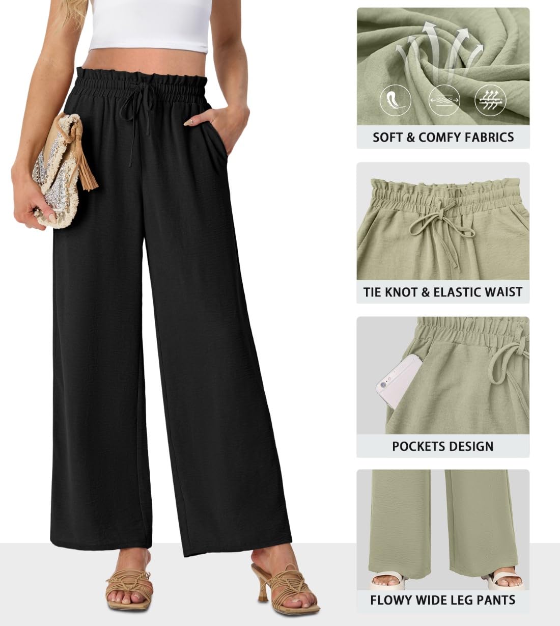 PrinStory Pantaloni da donna a gamba larga, leggeri, a vita alta, larghi e dritti, estivi