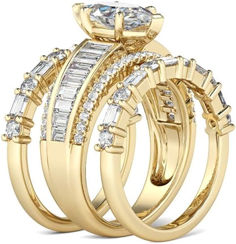 Miniatura 7 de Jeulia Juego de anillos de boda de 2 quilates de 3 piezas para mujer, chapados en oro de 14 quilates, anillos de compromiso de plata de ley, anillos
