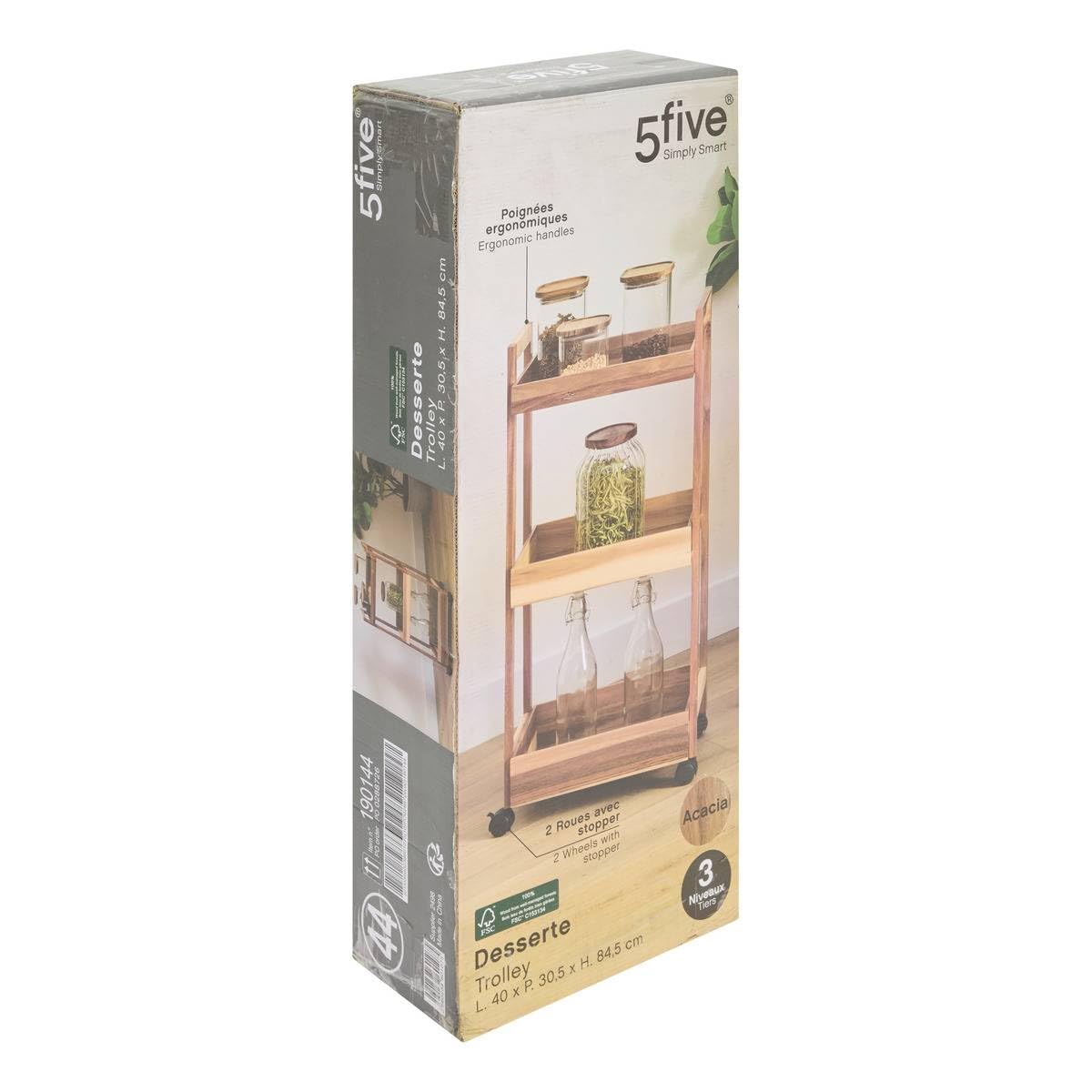 5Five - Carrito de servicio de madera de acacia marrón ACACIA - 40 x 30,5 x 84,5 cm - Carrito de almacenamiento para cocina, dormitorio y baño, ideal para organizar y optimizar