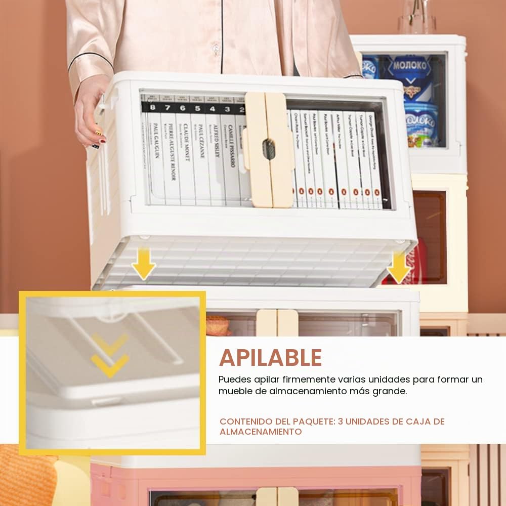Pack 3 Caja de Almacenamiento Plegable, Contenedor de plástico con Ruedas, Cubo Apilable con Puertas, Organizador para Hogar con Puertas y Tapadera para Habitación, Baño, Cocina, Oficina, Salón