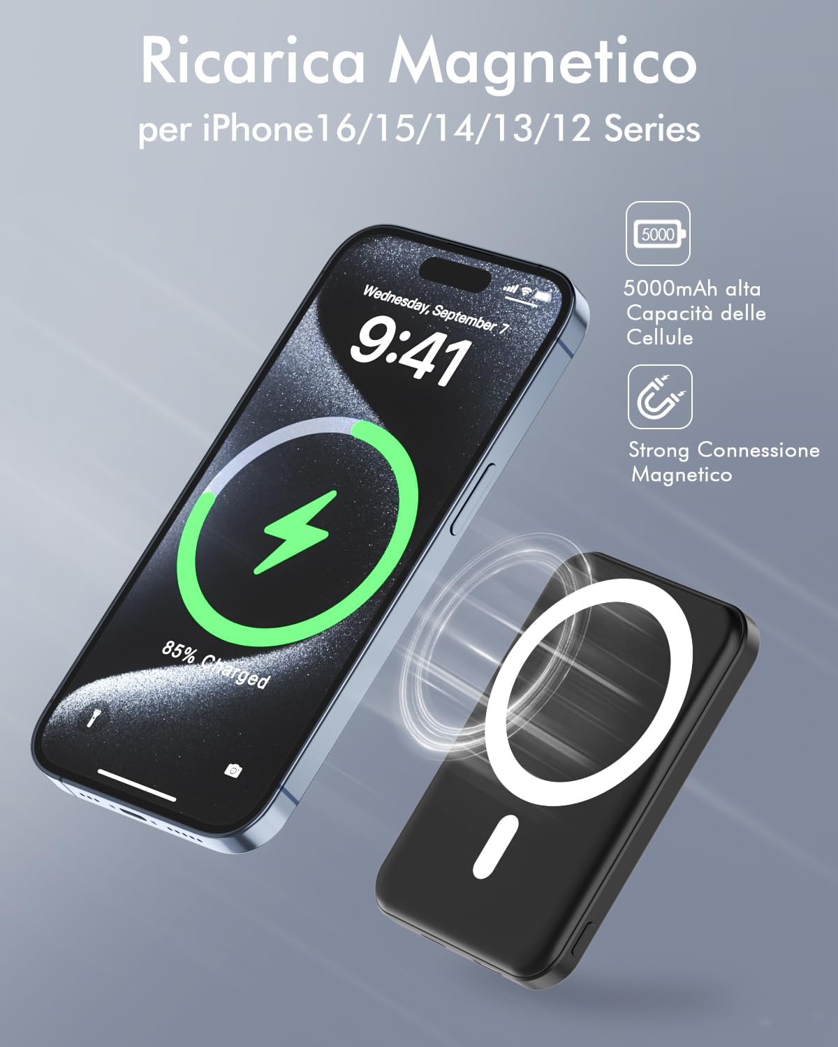 Podoru Powerbank con Mag-safe, 5000mAh Power Bank per iPhone 20W PD Ricarica Rapida Caricatore Portatile Power Bank Magnetico con Type-C/Lighting per iPhone 16/15/14/13/12 Serie (Nero)