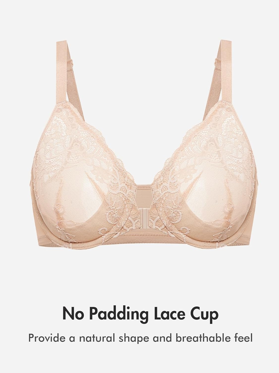 DELIMIRA Women's Front Closure Lace Underwire Sheer Bras Plus Size Full Coverage Sexy Plunge Unlined Bra - Image 3