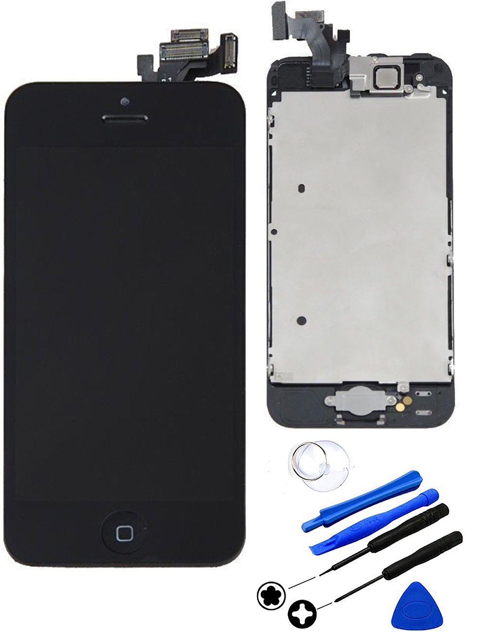 iPhone 5 LCD Display Touch Screen Digitizer Full Assembly Replacement with Home Button, Front Facing Camera, Ear Speaker, Repair Tools, Black
