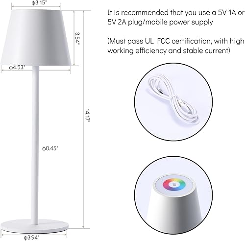 Miniatura 7 de Maksone Paquete de 2 lámparas de mesa inalámbricas RGB, lámpara de escritorio con batería recargable de 6600 mWh, atenuación continua de 3000 K