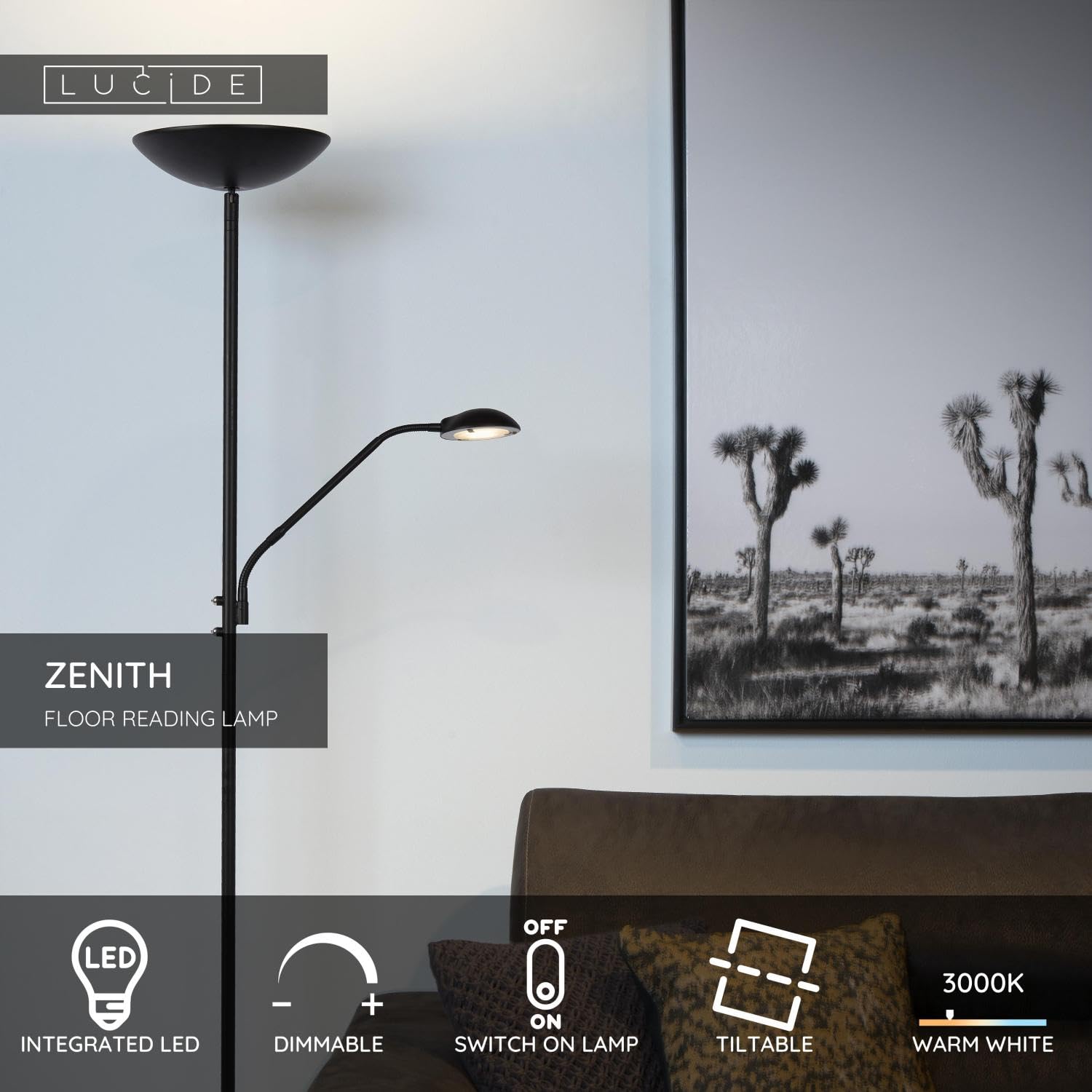 LUCIDE ZENITH - Lampadaire/lampe de lecture - LED Dim. - 3000K - Noir