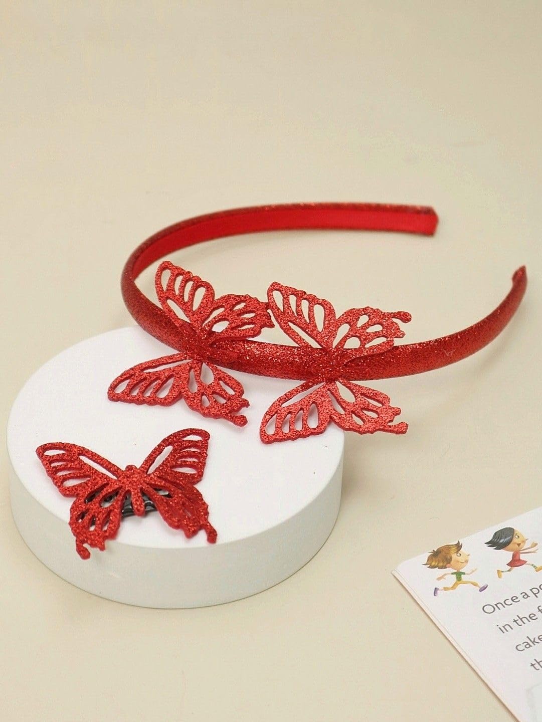 Yellow Bee Embroidered Butterfly Headband and Clip Set for Girls, Red - Image 2 thumbnail