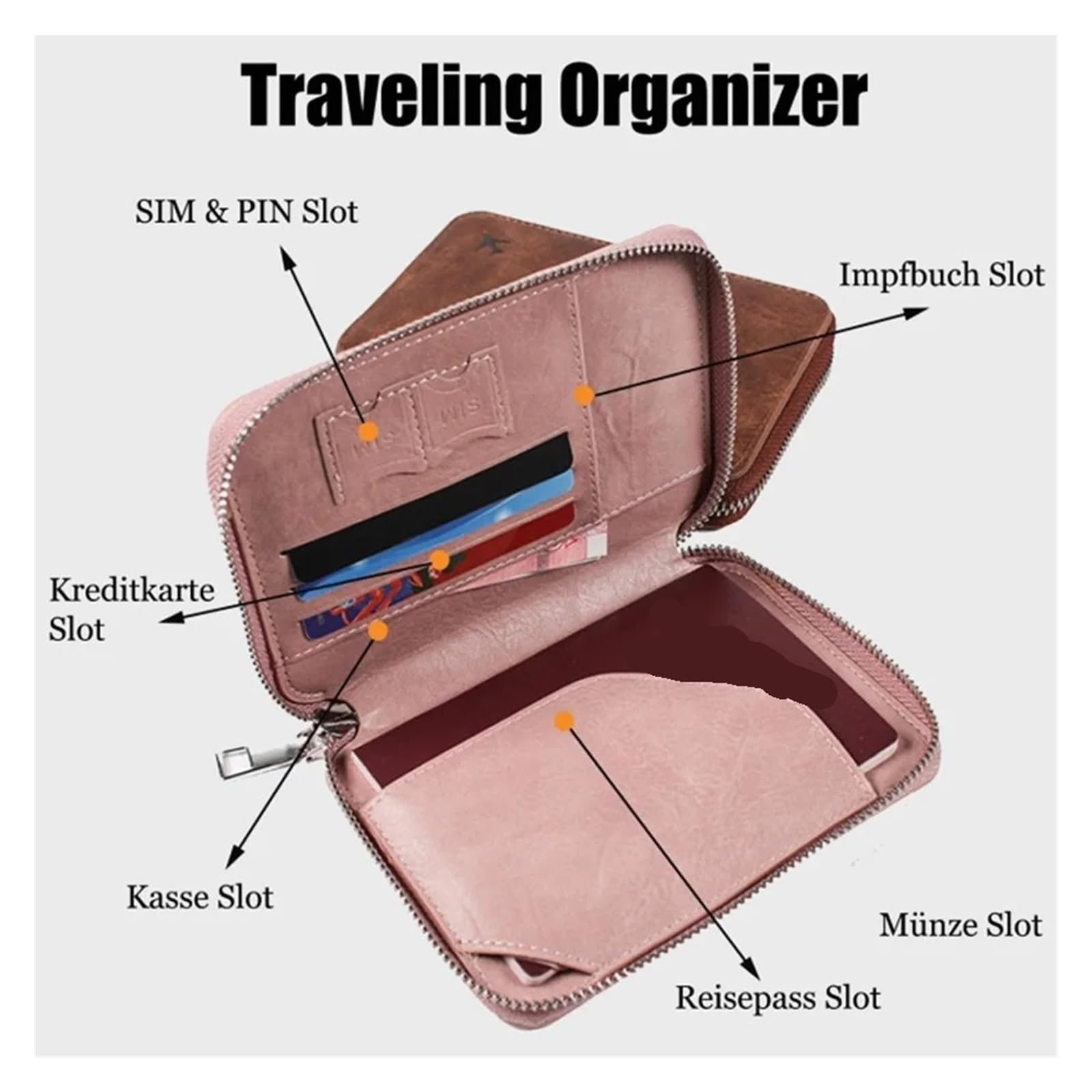 Porta Passaporto Custodia for passaporto identificativo con cerniera, carta organizzatore for biglietti di grande capacità, custodia da viaggio Per Documenti Di Viaggio(Brown)