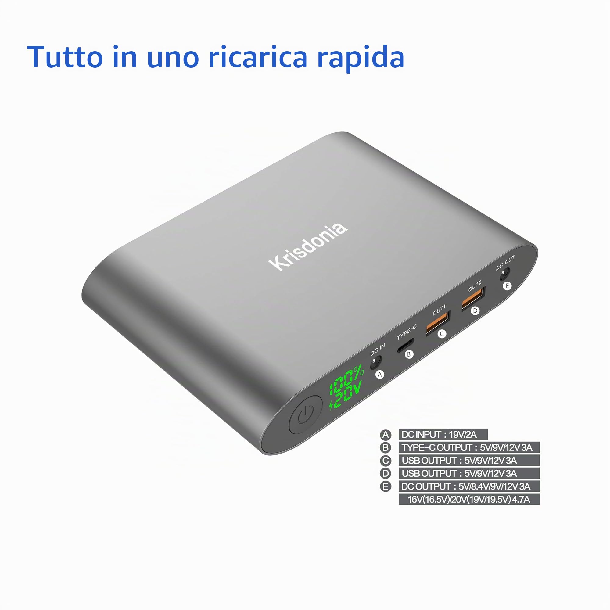 25000mah Power Bank Batteria Esterna Caricabatterie con Type-C Port + DC Port + Quick Charge 3.0 Dual USB per Notebook, Macbook, Smartphone e Tablet