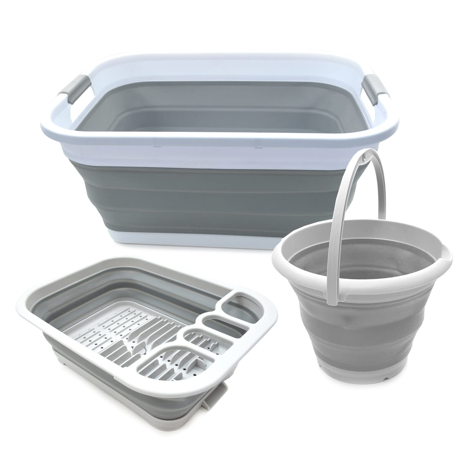 SAMMART COMBO 002 41L Collapsible Laundry Basket & Dish Drainer & 10L Bucket - Perfect Outdoor & Picnic - Space Saving Storage Container (Grey)