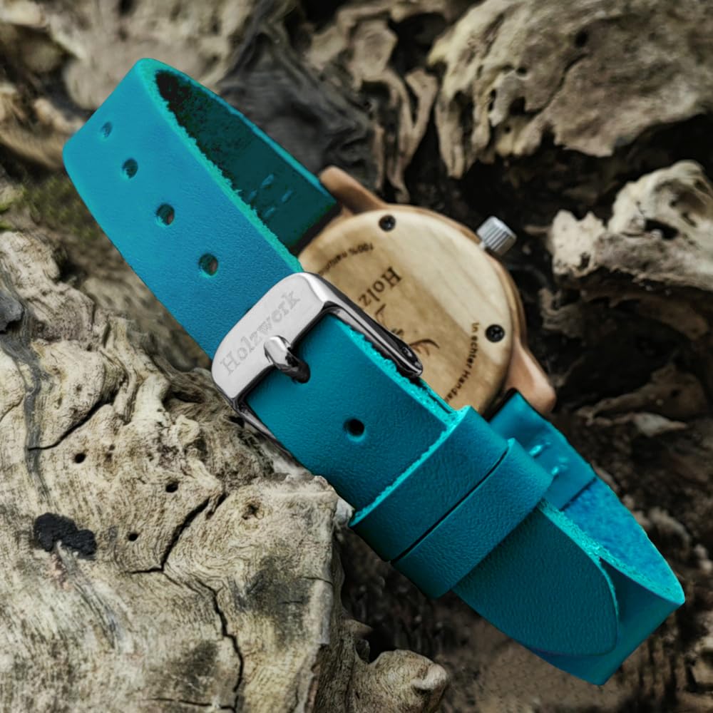 Holzwerk Germany Handgefertigte Kleine Öko Damen-Uhr Öko Natur Holz-Uhr Leder Armband-Uhr Analog Klassisch Quarz-Uhr in Schwarz Braun Rot Blau Türkis