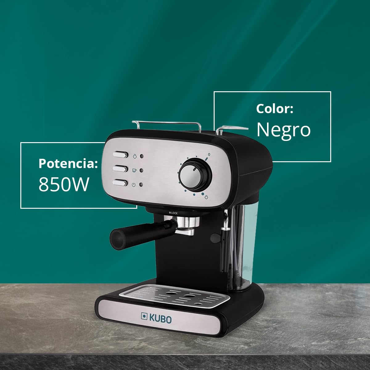 KUBO - Cafetera Espresso, Presión 15 bar, Depósito Agua 1.2L, 850W, Vaporizador para capuchino o bebidas con leche, Limpieza Fácil