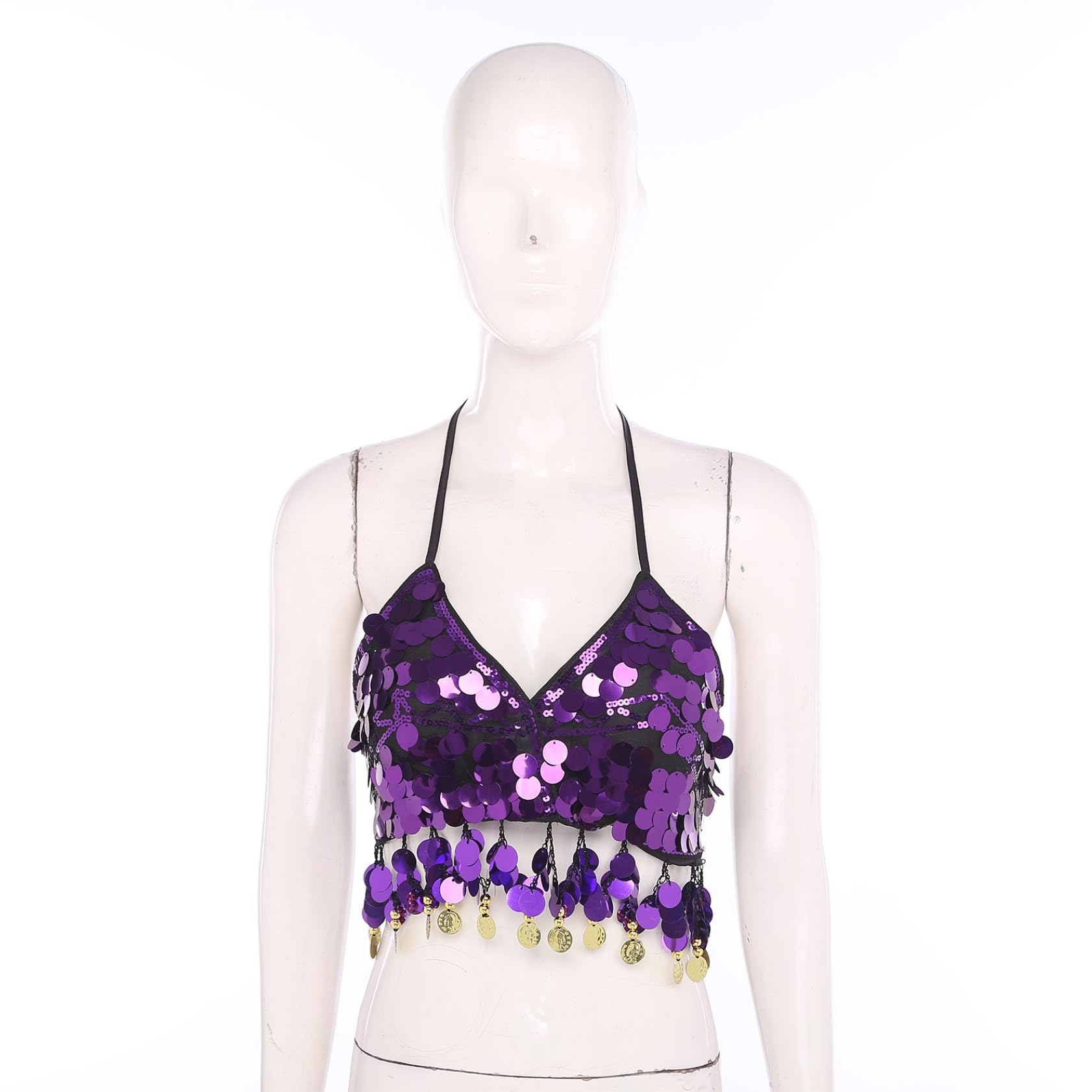 Jugaoge Damen Meerjungfrau BH Neckholder Bra Rückenfrei Bustier Glänzend Crop Tops Pailletten Oberteile mit Fransen Party Gogo Outfits Clubwear